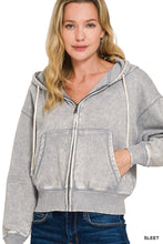 ACID WASH FLEECE CROPPED ZIP-UP HOODIE W POCKETS - ASSORTED COLORS