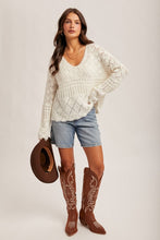 Open Crochet V-neck Oversized Crop Sweater - White
