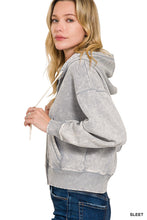 ACID WASH FLEECE CROPPED ZIP-UP HOODIE W POCKETS - ASSORTED COLORS