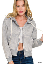 ACID WASH FLEECE CROPPED ZIP-UP HOODIE W POCKETS - ASSORTED COLORS