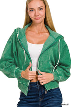 ACID WASH FLEECE CROPPED ZIP-UP HOODIE W POCKETS - ASSORTED COLORS
