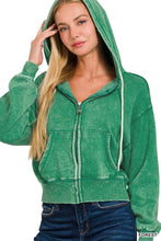ACID WASH FLEECE CROPPED ZIP-UP HOODIE W POCKETS - ASSORTED COLORS