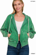 ACID WASH FLEECE CROPPED ZIP-UP HOODIE W POCKETS - ASSORTED COLORS