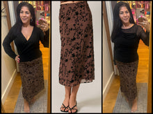 Pull On Flocking Velvet Mesh Floral Midi Skirt - Brown/Black Floral