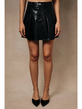 Mid Waist Pleated Faux Leather Mini Skort with Lining - Black