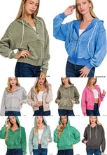ACID WASH FLEECE CROPPED ZIP-UP HOODIE W POCKETS - ASSORTED COLORS