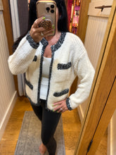 Open Front Cardigan With Pockets - Grey/Ivory or Ivory/Black