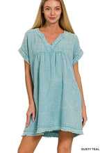 WASHED DOUBLE GAUZE RAW EDGE V-NECK DRESS - ASSORTED COLORS