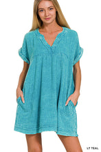 WASHED DOUBLE GAUZE RAW EDGE V-NECK DRESS - ASSORTED COLORS