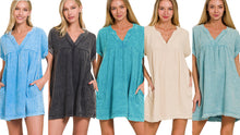 WASHED DOUBLE GAUZE RAW EDGE V-NECK DRESS - ASSORTED COLORS