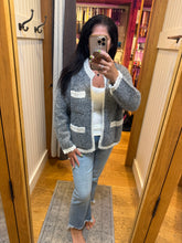 Open Front Cardigan With Pockets - Grey/Ivory or Ivory/Black
