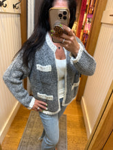 Open Front Cardigan With Pockets - Grey/Ivory or Ivory/Black