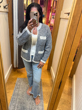 Open Front Cardigan With Pockets - Grey/Ivory or Ivory/Black