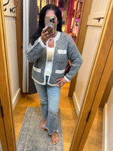 Open Front Cardigan With Pockets - Grey/Ivory or Ivory/Black