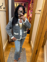 Open Front Cardigan With Pockets - Grey/Ivory or Ivory/Black