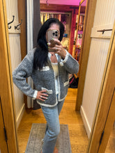 Open Front Cardigan With Pockets - Grey/Ivory or Ivory/Black