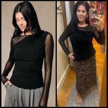 Asymmetric cowl neck long sleeve mesh contrast top - black