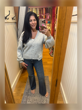 Grey Cardigan Sweater With White Crochet Appliqué