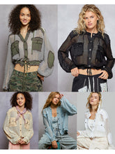 POL Open knit button down pocket hooded shirt top - Assorted Colors