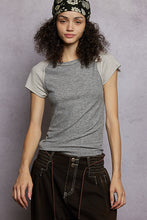 POL round neck cap raglan sleeve fitted fit top in rib with contrast color sleeve - Sage/Cream or Charcoal/Grey