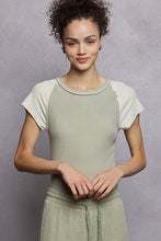 POL round neck cap raglan sleeve fitted fit top in rib with contrast color sleeve - Sage/Cream or Charcoal/Grey