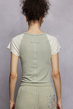 POL round neck cap raglan sleeve fitted fit top in rib with contrast color sleeve - Sage/Cream or Charcoal/Grey