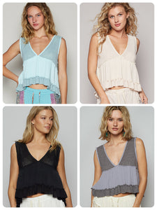 POL sleeveless with v-neck, mini babydoll fit with ruffle detail, featured in thermal and double gauze mix.- Assorted Colors