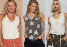 POL V-neck sleeveless front star patches solid top - Off White,Charcoal or Cream
