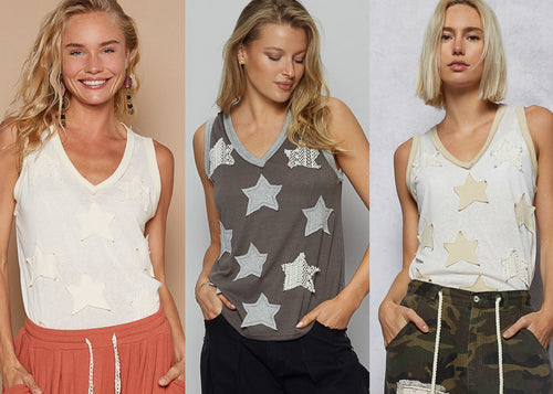 POL V-neck sleeveless front star patches solid top - Off White,Charcoal or Cream