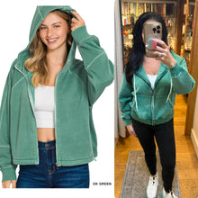 ACID WASH FLEECE CROPPED ZIP-UP HOODIE W POCKETS - ASSORTED COLORS