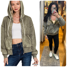ACID WASH FLEECE CROPPED ZIP-UP HOODIE W POCKETS - ASSORTED COLORS