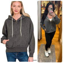 ACID WASH FLEECE CROPPED ZIP-UP HOODIE W POCKETS - ASSORTED COLORS