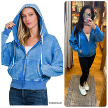 ACID WASH FLEECE CROPPED ZIP-UP HOODIE W POCKETS - ASSORTED COLORS