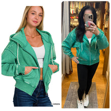 ACID WASH FLEECE CROPPED ZIP-UP HOODIE W POCKETS - ASSORTED COLORS
