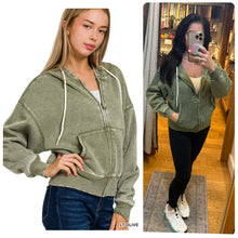 ACID WASH FLEECE CROPPED ZIP-UP HOODIE W POCKETS - ASSORTED COLORS