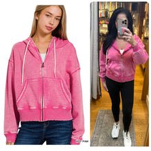 ACID WASH FLEECE CROPPED ZIP-UP HOODIE W POCKETS - ASSORTED COLORS