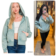 ACID WASH FLEECE CROPPED ZIP-UP HOODIE W POCKETS - ASSORTED COLORS
