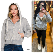 ACID WASH FLEECE CROPPED ZIP-UP HOODIE W POCKETS - ASSORTED COLORS