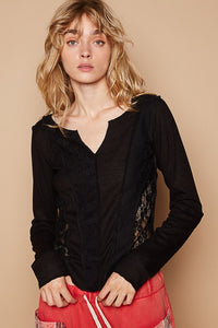 POL Round neck long sleeve outseam solid lace top - Black or White
