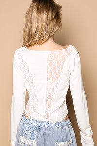 POL Round neck long sleeve outseam solid lace top - Black or White