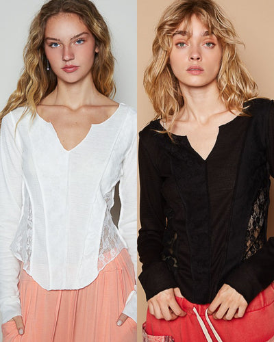POL Round neck long sleeve outseam solid lace top - Black or White
