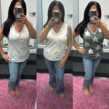 POL V-neck sleeveless front star patches solid top - Off White,Charcoal or Cream