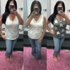POL V-neck sleeveless front star patches solid top - Off White,Charcoal or Cream