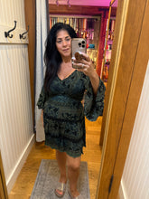 V Neck Smocked Bodice Long Bell Sleeve Lace Trim - Black/ Olive