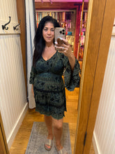 V Neck Smocked Bodice Long Bell Sleeve Lace Trim - Black/ Olive