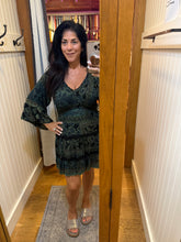 V Neck Smocked Bodice Long Bell Sleeve Lace Trim - Black/ Olive