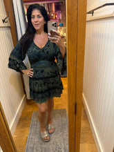 V Neck Smocked Bodice Long Bell Sleeve Lace Trim - Black/ Olive