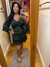 V Neck Smocked Bodice Long Bell Sleeve Lace Trim - Black/ Olive