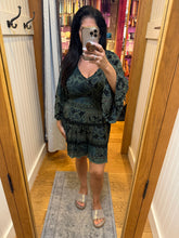 V Neck Smocked Bodice Long Bell Sleeve Lace Trim - Black/ Olive