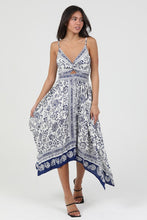 V Neck Twist Front Cutout Detail Hanky Hem Dress - Ivory/Blue